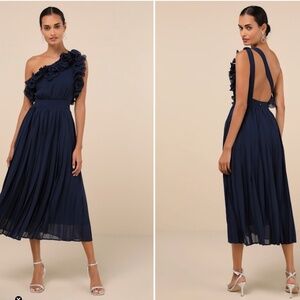 LULU's Sexy Elegant Flowy One Shoulder Wedding Bridesmaid Navy Blue Midi Dress